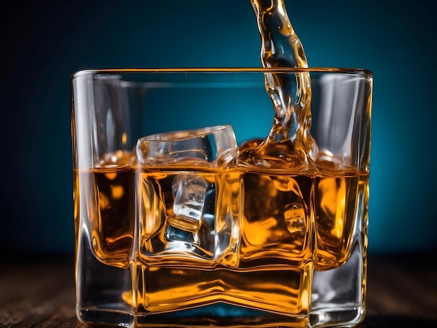 un vaso de whisky con un cubo de hielo