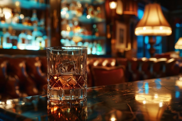 Vaso de whisky con cubos de hielo en un mostrador de bar con atmósfera sombría y de mal humor IA generativa