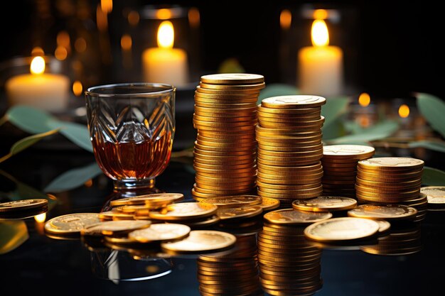 un vaso de whisky se encuentra sobre una mesa con una pila de monedas de oro.