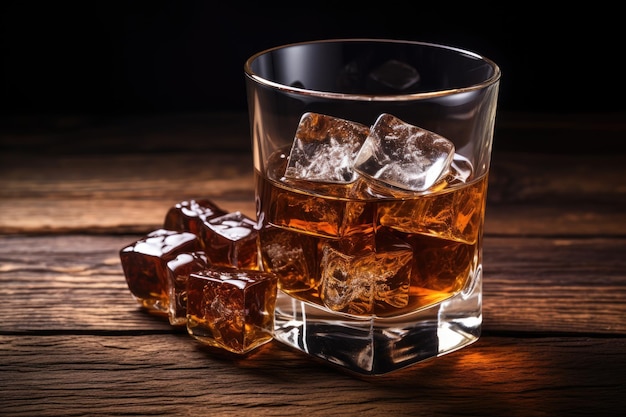 Vaso de whisky escocés sobre mesa de madera, espacio vacío sobre fondo marrón