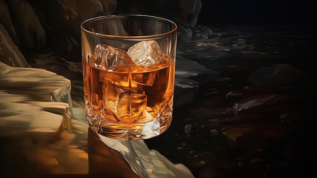 un vaso de whisky helado con una rebanada de hielo en el estilo de los fallos de video