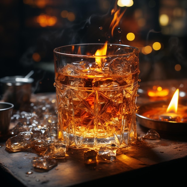 Vaso de whisky con hielo en el antiguo fondo de madera generativo ai