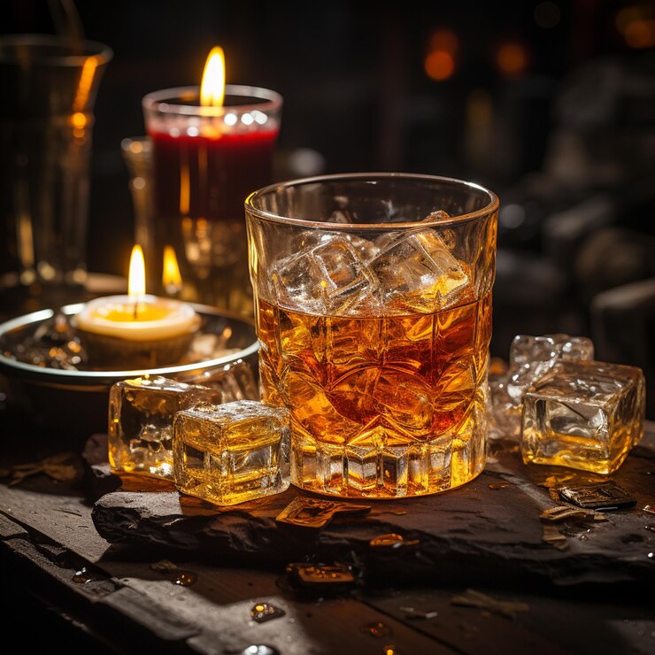 Vaso de whisky con hielo en el antiguo fondo de madera generativo ai