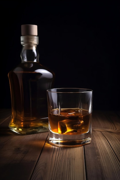 Foto vaso de whisky con hielo y una botella bodegón brandy bourbon en una mesa de madera de color marrón oscuro bebida alcohólica de estilo rústico ron escocés la imagen se genera con el uso de una ia