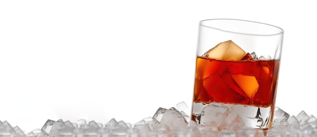 Vaso de whisky con hielo en cubitos de hielo sobre fondo blanco panorámico