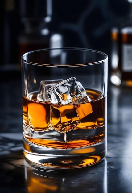 Un vaso de whisky con hielo en una encimera de mármol con un fondo borroso oscuro