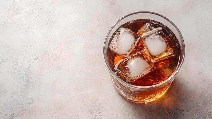 un vaso de whisky con hielo y hielo en la parte superior