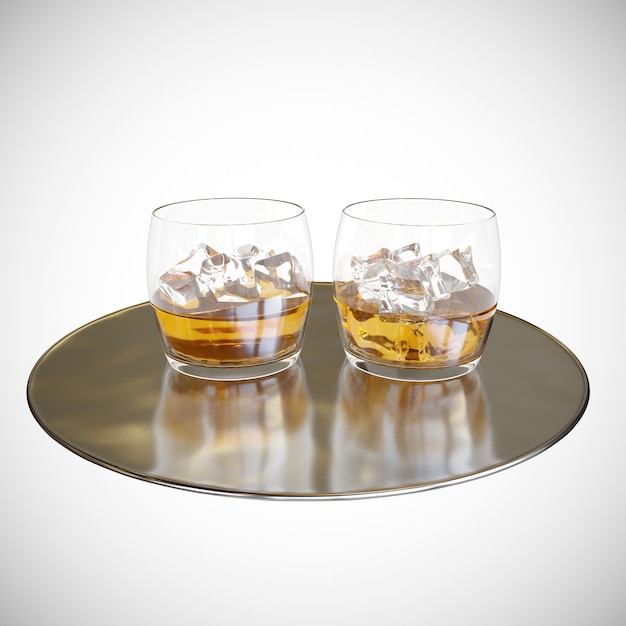 Vaso de whisky con hielo ilustración 3d