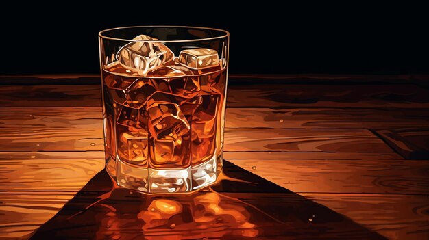 un vaso de whisky con hielo en una mesa de madera