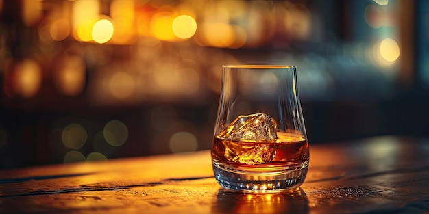 Vaso de whisky con hielo en un mostrador de madera del bar Vaso clásico de whisky en un vaso en un bar oscuro