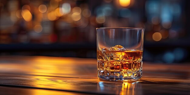 Vaso de whisky con hielo en el mostrador de madera de la barra Vaso de whisky clásico en vaso en un bar oscuro con espacio para copiar