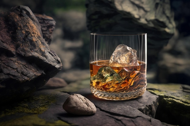 Vaso de whisky con hielo en las rocas IA generativa