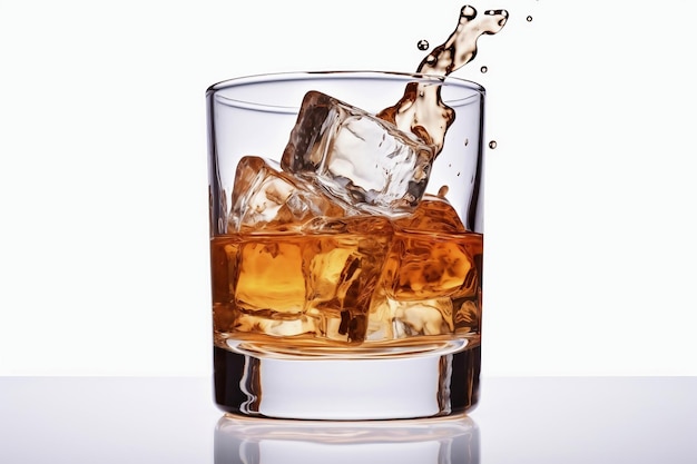 Vaso de whisky con hielo con salpicaduras Fondo blanco Salpicaduras y gotas de whisky vuelan desde el vaso en diferentes direcciones