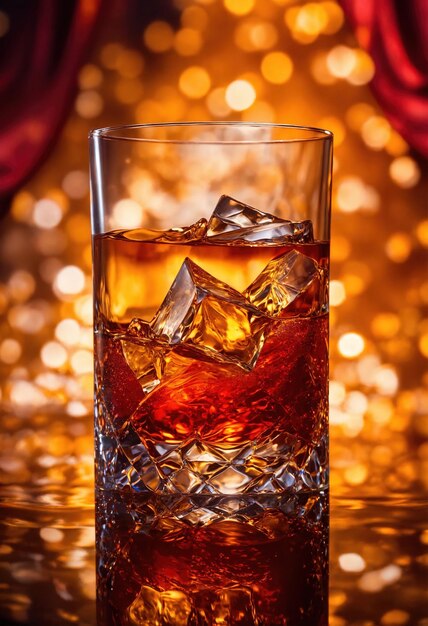 Un vaso de whisky con hielo y salpicaduras de oro brillantes fondo ai generativo
