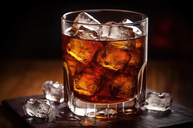 Un vaso de whisky con hielo sobre una mesa