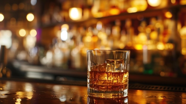 Foto un vaso de whisky en la mesa de la barra borra el fondo de la imagen generada por la ia