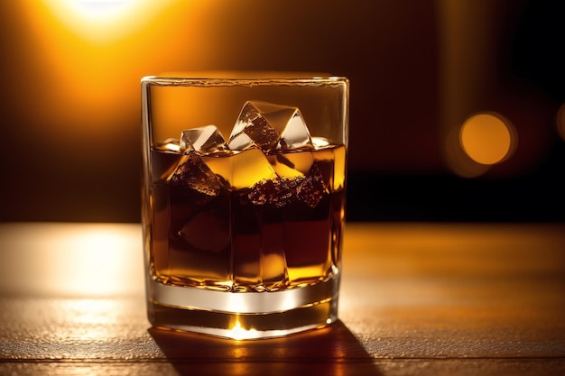 Un vaso de whisky en una mesa con cubitos de hielo