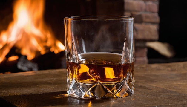 Un vaso de whisky en una mesa frente a una chimenea