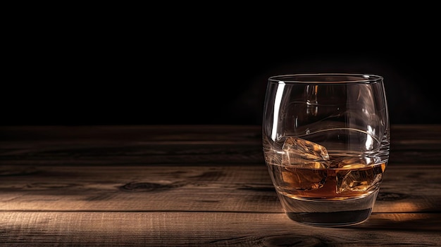 Un vaso de whisky en una mesa de madera con un fondo negro