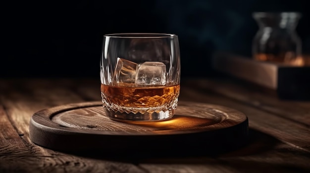 Un vaso de whisky en una mesa de madera con un fondo oscuro