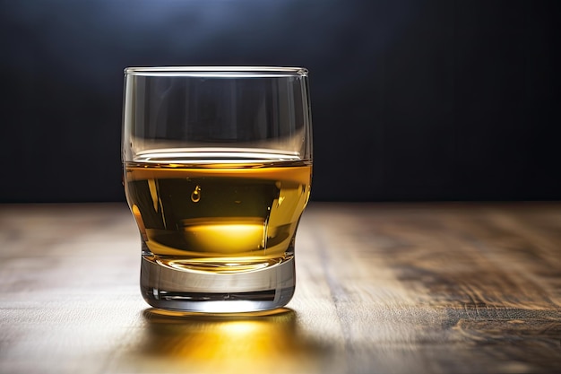 Un vaso de whisky en una mesa de madera