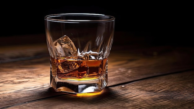 Un vaso de whisky en una mesa de madera