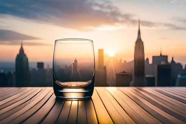 Un vaso de whisky en una mesa con un paisaje urbano al fondo