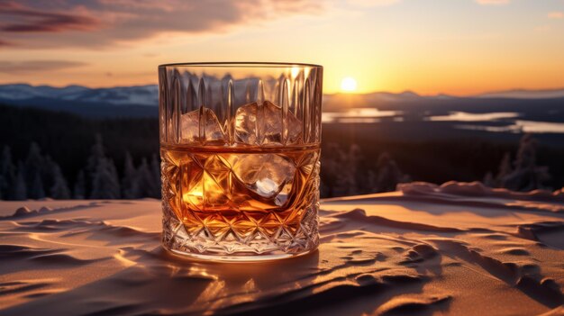 Vaso de whisky en la nieve al atardecer con una botella borrosa en el fondo