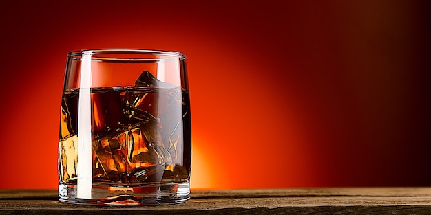 Un vaso de whisky o coñac y cubitos de hielo, primer plano sobre una mesa de madera. Fondo rojo con degradado.