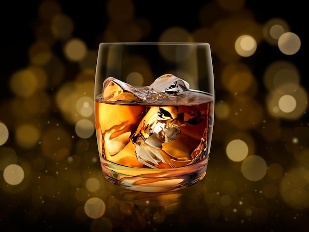 Vaso de whisky oro resumen bokeh fondo 3d render