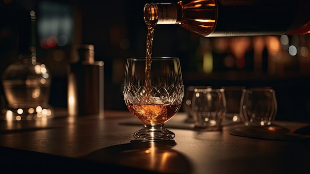 Un vaso de whisky que se vierte en un vaso