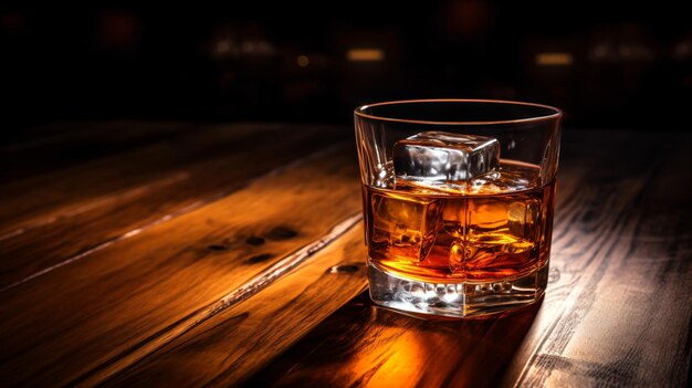 un vaso de whisky sentado en una mesa de madera