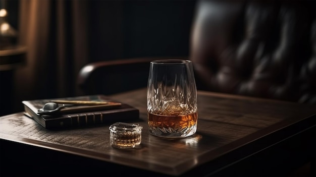 Un vaso de whisky se sienta en una mesa al lado de un libro y un libro.