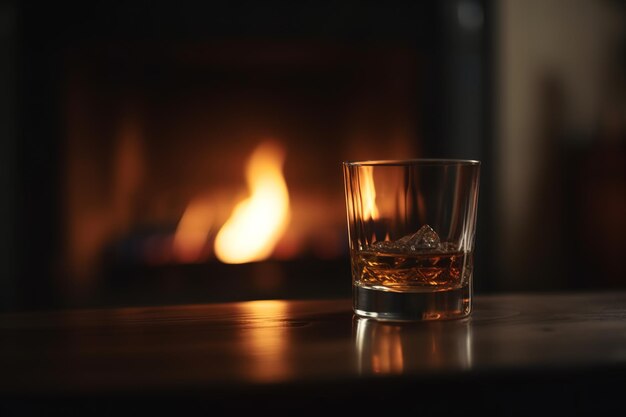 Un vaso de whisky se sienta en una mesa frente a una chimenea.