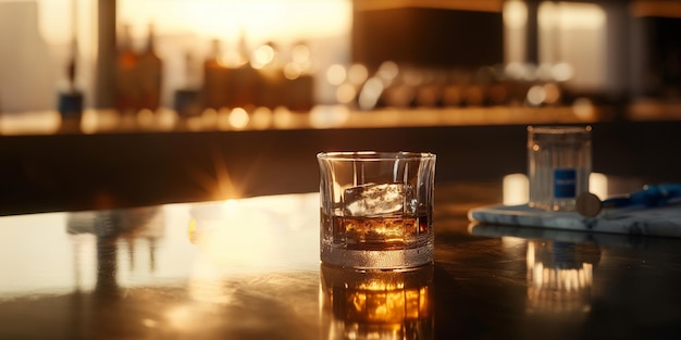 un vaso de whisky se sienta en una mesa con un libro y un libro en él