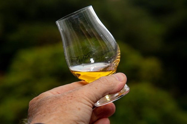 Un vaso de whisky se sienta en una mesa de madera con un fondo verde.