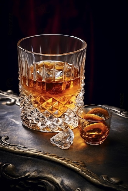 Un vaso de whisky se sienta en una mesa con un pequeño vaso de whisky encima.