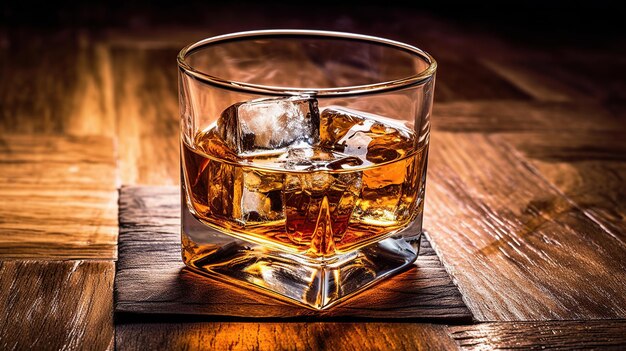 Un vaso de whisky en una tabla de madera rústica que puede ser superficie de barril Ambiente cambiante Ai generativo