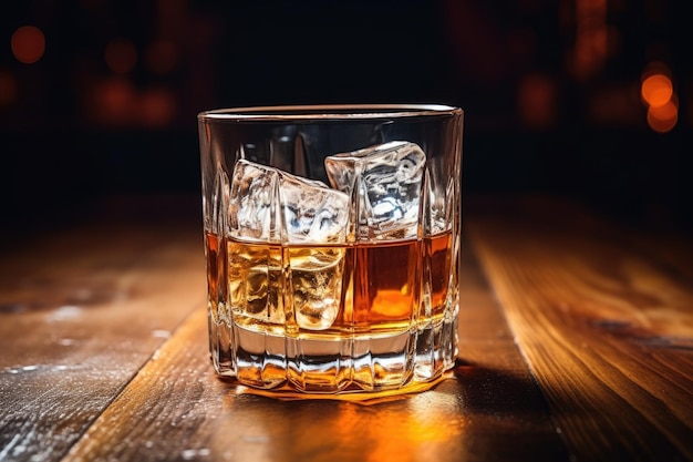 Un vaso de whisky vacío con hielo derritiéndose sobre una mesa