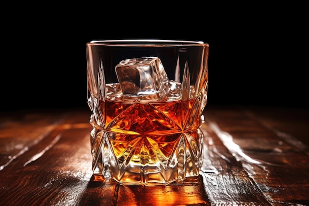 Un vaso de whisky vacío con hielo derritiéndose sobre una mesa