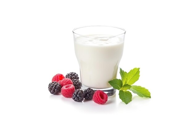 Vaso de yogur con bayas aisladas sobre un fondo blanco