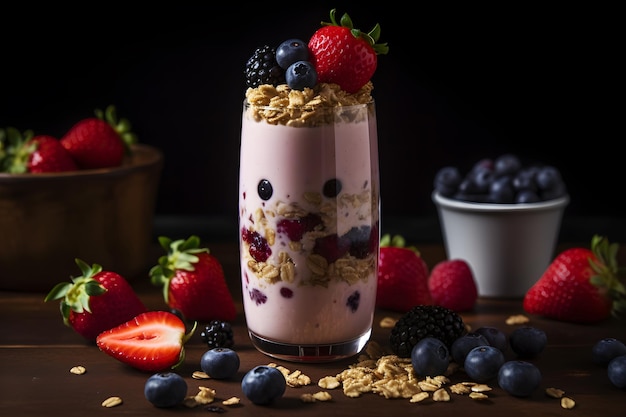 Un vaso de yogur con bayas y granola encima.