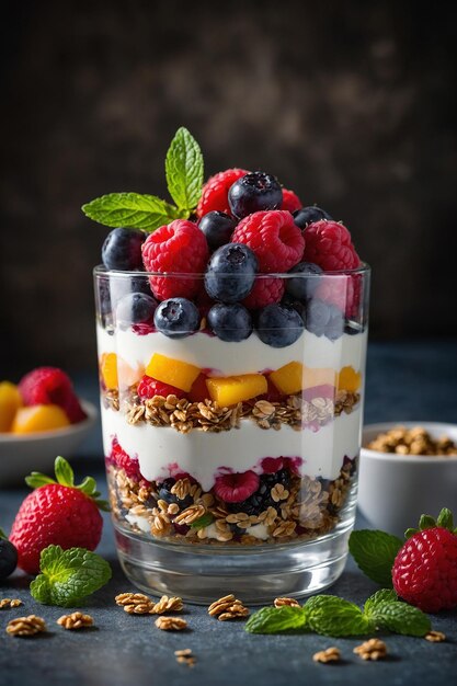 un vaso de yogur con bayas y yogur en él