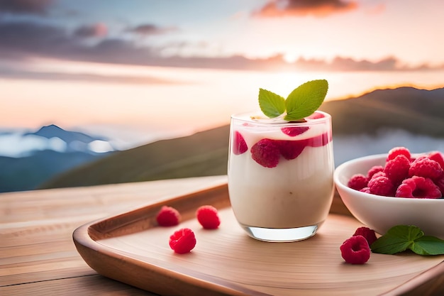 un vaso de yogur con frambuesas y un bol de frambuesas.