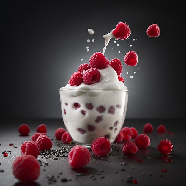 Un vaso de yogur con frambuesas y leche