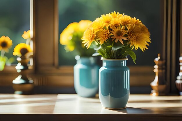 Vasos azuis com flores amarelas em uma janela.