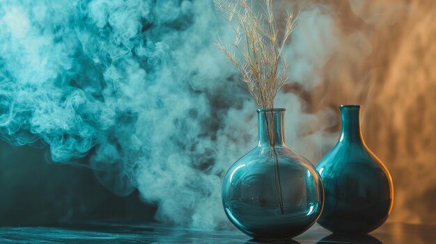 Vasos azules con plantas secas rodeadas por un dramático efecto de humo