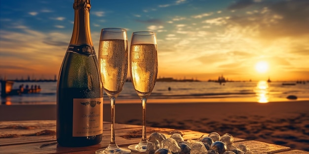 vasos y una botella de champán en la arena de la playa con un hermoso fondo de puesta de sol