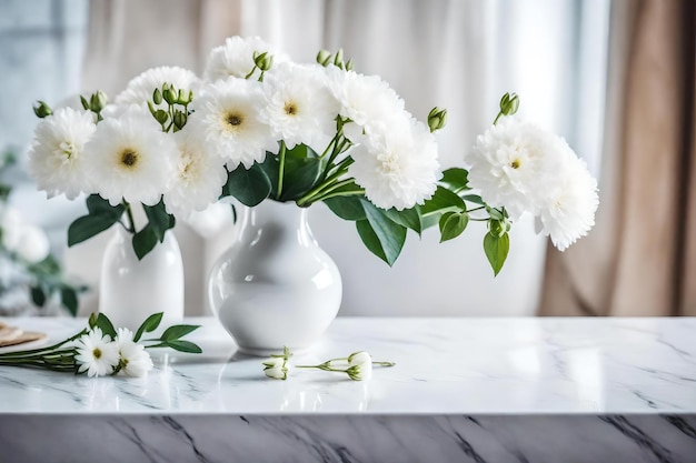 Vasos brancos com flores brancas sobre uma mesa de mármore.