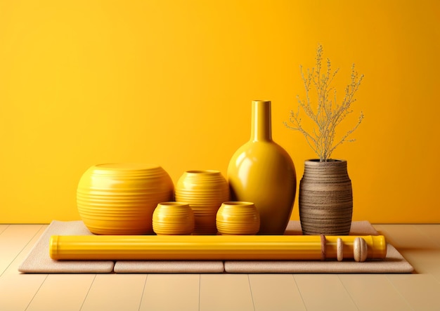 Foto vasos de cerámica amarillos de estilo japonés sobre un fondo amarillo